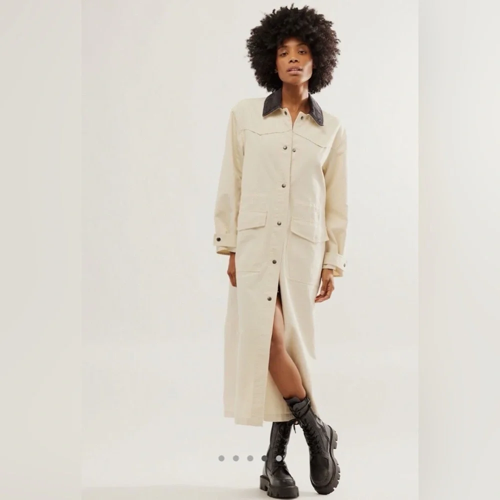 Free People Long Cream Trench Coat with Dark Collar